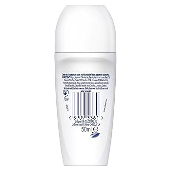 Back view of a Dove Anti-Perspirant Classic Fresh Roll-On (50ml) bottle by Dove, featuring a barcode, product details, and volume label in black text on a white background for lasting freshness.