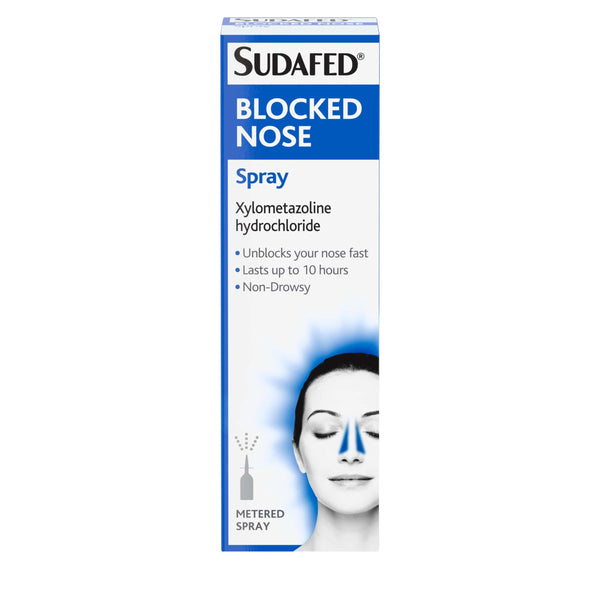 Image of a Sudafed Blocked Nose Spray (15 ml) box. The blue and white packaging highlights its active ingredient, Xylometazoline hydrochloride, known for fast congestion relief, non-drowsy formula, and effects lasting up to 10 hours.