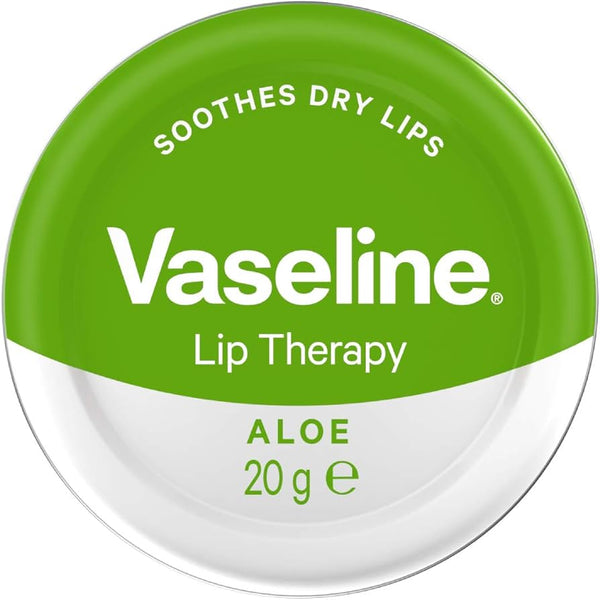 The Vaseline Lip Therapy Aloe 20g round container lid features a green top half with SOOTHES DRY LIPS and Vaseline Lip Therapy in white, while the bottom half is white showcasing ALOE 20g.