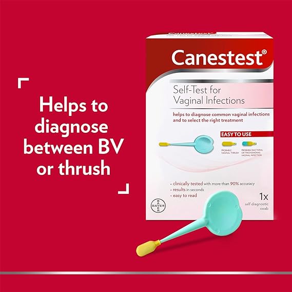 A photo shows a Canesten Canestest Self-Test for BV & Thrush against a vivid red background, highlighting its 10-second diagnosis capability. A swab with a yellow tip is prominently displayed, emphasizing its use for self-testing vaginal infections.