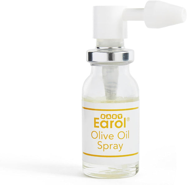 The Baby Earol Olive Oil Spray (10ml) by Earol comes in a clear glass bottle with a silver cap, featuring a white spray nozzle and label. The label is white with yellow text and designed for metered doses.