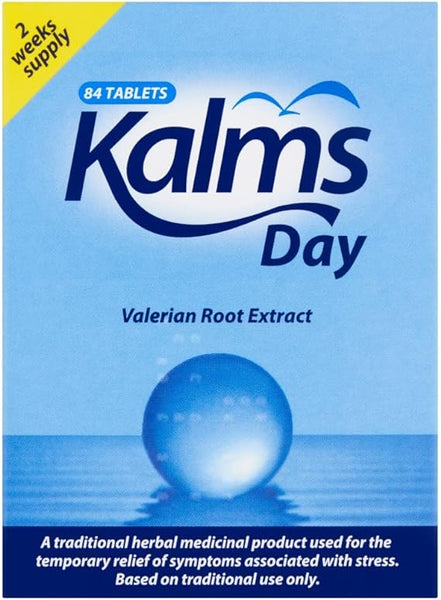 Kalms Day Valerian Root Extract (84 Tablets), in blue packaging, is promoted as a traditional herbal remedy for natural sleep aid and menopause relief, offering a two-week supply.