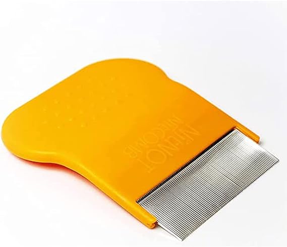 Close-up of the Nitnot Lice/Nit Comb, featuring a wide plastic handle and fine metal teeth, designed for effective nit removal. The comb is angled against a white background.