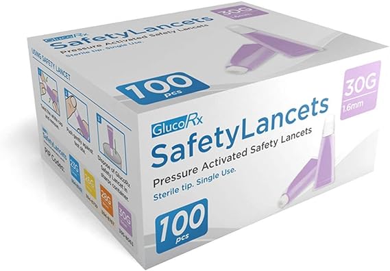 The GlucoRx Safety Lancets (30Gx1.6mm) come in a pack of 100, showcasing their sterile, single-use design with purple lancets. They feature ultra-thin needles and are pressure-activated, ideal for precise blood tests.