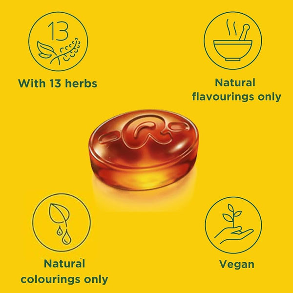 A single brown lozenge is centered on yellow, surrounded by icons and text: Ricola Swiss Herbal Sweets Sugar-Free Original (45g), with 13 herbs, only natural flavourings and colourings, vegan, sugar-free—ideal for throat comfort.