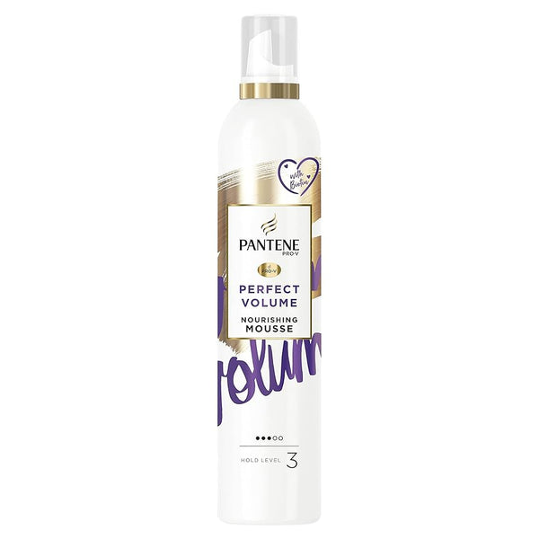 A white 200ml Pantene Pro-V Mousse Perfect Volume - Level 3 bottle with a gold and purple design, pump dispenser, and flexible hold, from Pantene.