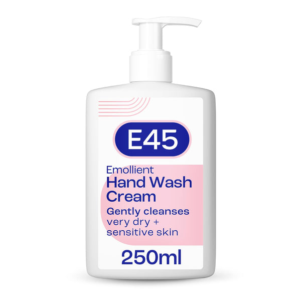 The E45 Emollient Hand Wash Cream (250ml) features a pump dispenser and is dermatologically tested to gently cleanse very dry, sensitive skin—ideal for relieving dry, itchy skin. Brand: E45.