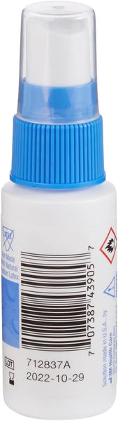 A white spray bottle with a blue cap marked with a barcode, lot number, and expiration date (2022-10-29), shows hazard symbols. The label states Not Made with Natural Rubber Latex, featuring Cavilons No Sting Barrier Film for skin protection.