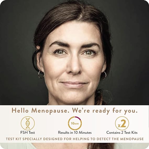 A woman with long brown hair smiles slightly. Below her, text reads: Hello Menopause. Were ready for you. Icons highlight the Flourish Menopause Test Kits features: FSH test, 10-minute results, and 2 test kits. Its designed by Flourish to effectively detect menopause.