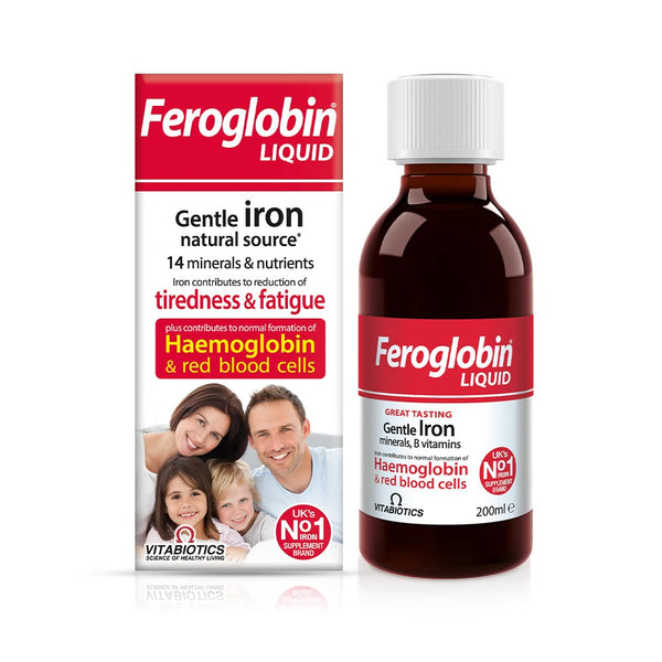 A 200 ml bottle of Vitabiotics Feroglobin Gentle Iron with packaging displays it as a mild iron supplement featuring 14 nutrients aimed at boosting energy and supporting hemoglobin, ideal for individuals with iron deficiency. The box pictures a smiling family.