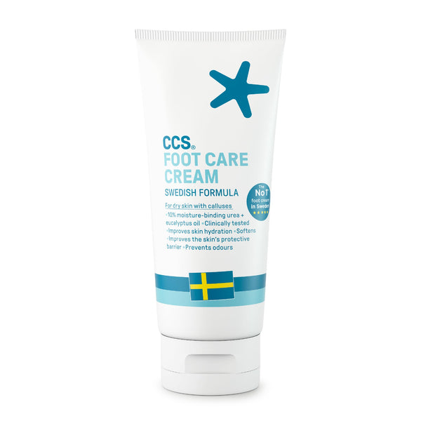The white tube of CCS Professional Foot Care Cream (175 ml) features blue text and a starfish icon. Enriched with 10% Urea, labeled Swedish Formula with a Swedish flag, it offers enhanced hydration and addresses dry, rough skin while reducing odor.