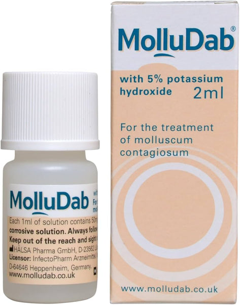 A bottle and box of Molludab Molluscum Solution (2ml), a topical solution with 5% potassium hydroxide, effectively targets molluscum contagiosum. The packaging showcases essential branding and usage information.