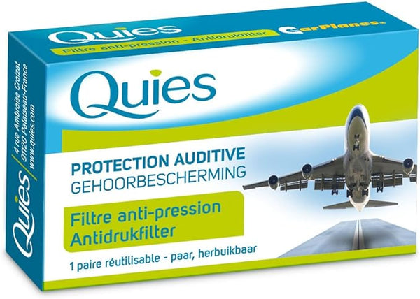 Box of Quies Adult Silicone Earplugs featuring an airplane image. The blue and yellow packaging has multilingual text emphasizing auditory protection for travel.
