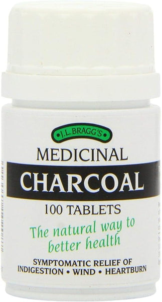 This white bottle of Braggs Charcoal contains 100 tablets made from sustainable coconut shells, with the label: The natural way to better health, providing relief from indigestion, wind, and heartburn.
