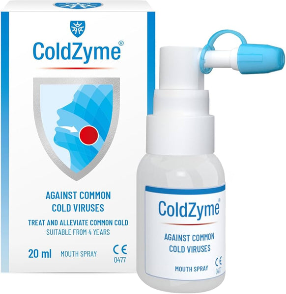Image of ColdZyme Mouth Spray (20ml) packaging and bottle, showcasing the ColdZyme logo. Designed to create a protective barrier against common cold viruses, this spray inhibits virus replication and is suitable for ages 4 and up.