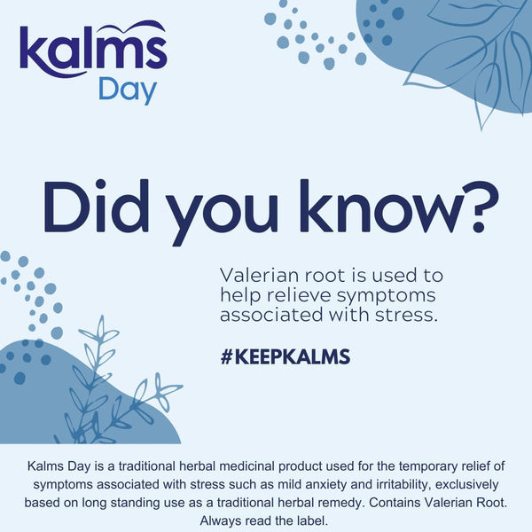 Advertisement for Kalms Day Valerian Root Extract 26mg (168 tablets), posing the question Did you know? about Valerian roots role in stress relief. Always read the label before use.