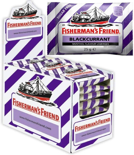 A box of Fishermans Friend Blackcurrant Menthol Lozenges 25g (24 Packs), featuring individually wrapped lozenges with purple and white stripes and the iconic boat logo. One packet appears close up in the top right corner.