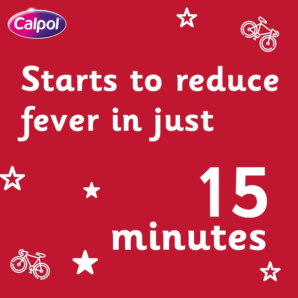 Red background with white text: Starts to reduce fever in just 15 minutes. Calpol logo in the top left. Stars and bicycles illustrations surround the text. CALPOL Six Plus Sugar Free Sachets (12) use paracetamol for quick relief for your child.
