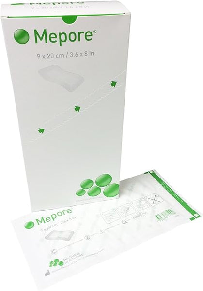 A box and single packet of skin-friendly Molnlycke Mepore Adhesive Dressings (9 x 20 cm) are displayed. The white box with green text and circular designs marks the perfect wound care size, 3.6 x 8 in, with a dressing illustration on the box.