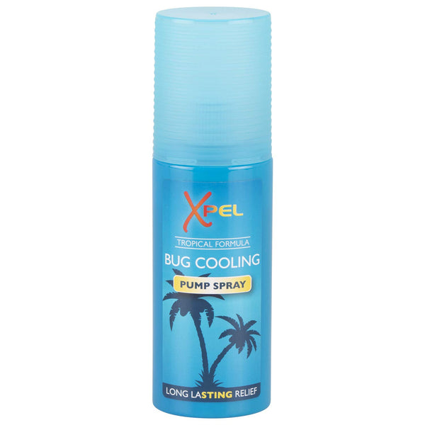 The 70ml Xpel Bug Cooling Pump Spray features a tropical formula and palm tree graphics. Ideal for outdoor use, it offers long-lasting relief and works as an effective insect repellent.
