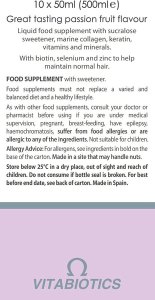 Vitabiotics Perfectil Platinum Collagen Hair 10x50ml is a liquid passion fruit supplement for healthy hair with key vitamins and minerals. Includes usage, allergen info, storage guidance, and Made in Spain note. Vitabiotics logo displayed at the bottom.