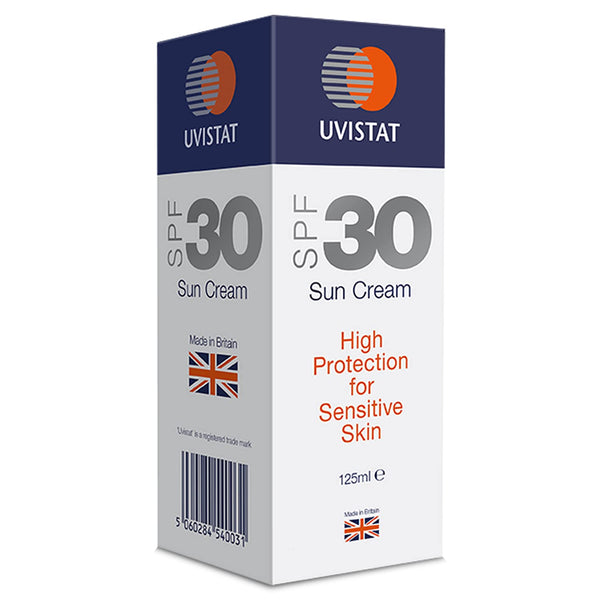 Uvistat Sun Cream SPF30 (125ml) by Uvistat features high protection for sensitive skin. The blue, white, and orange box displays Union Jack symbols highlighting its British origin and trusted care.