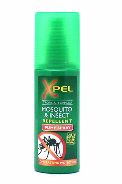 The Xpel Mosquito and Insect Repellent Pump Spray (70ml) by Xpel is a green spray bottle with a label, ideal for use as a mosquito repellent.