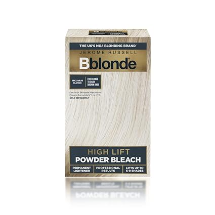 The image shows a Jerome Russell Bblonde Powder Bleach box (4x25g) for blonde hair lightening. The beige packaging with black and gold text emphasizes its reliable use for permanent, professional hair lightening, making it a top choice in high lift powder bleach products.