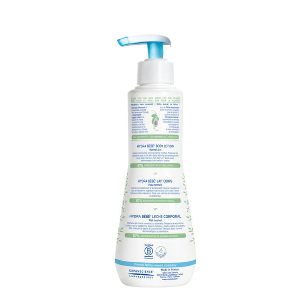 A white pump bottle of Mustela Body Lotion (300ml) by Mustela, formulated for long-lasting moisture for baby’s dry skin, features product info and green-blue text in multiple languages on the label.