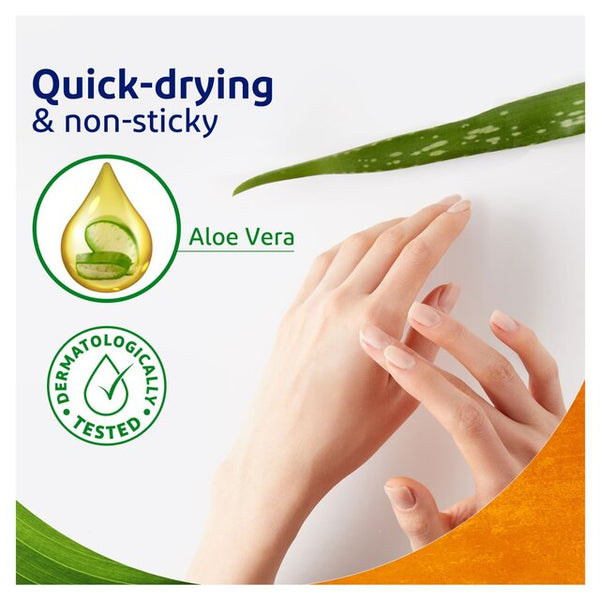 Hands applying Voltarol Naturals gel (50ml) to skin, accompanied by a leaf and Aloe Vera icon. Text: Quick-drying & non-sticky and Dermatologically Tested.