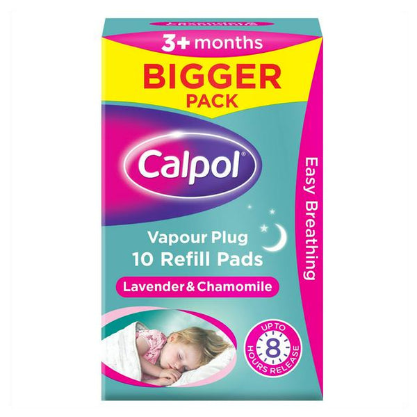The Calpol Vapour Plug Refill Pads (10 count) for children 3+ months are infused with lavender and chamomile oils. Packaging highlights include Bigger Pack, Night-time Comfort, and Up to 8 Hours Relief, with an image of a peacefully sleeping child.