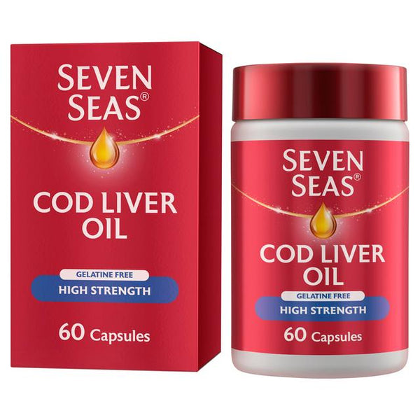 The bright red packaging of Seven Seas Cod Liver Oil - High Strength emphasizes Gelatine Free and High Strength Omega-3 Fish Oil. It shows a box and a cylindrical container, each with 60 capsules rich in essential Vitamin D for overall health.