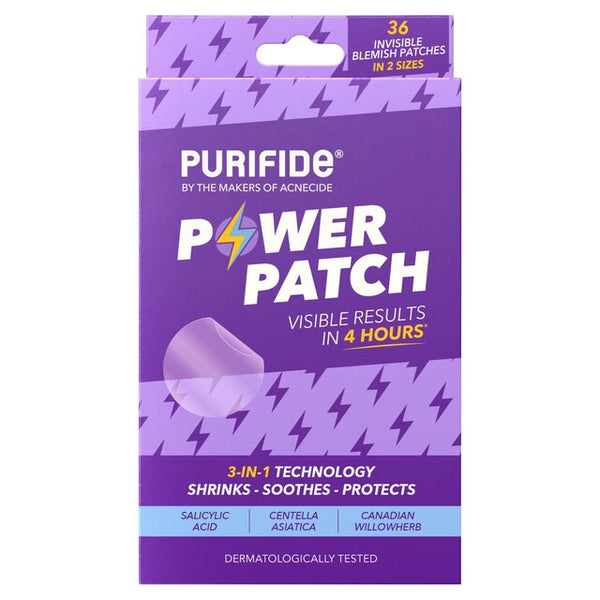 The Purifide Power Patch box, featuring a lightning bolt design, contains 36 invisible patches promising visible results in 4 hours. Its 3-in-1 formula with salicylic acid and centella asiatica shrinks, soothes, and protects for effective blemish care.
