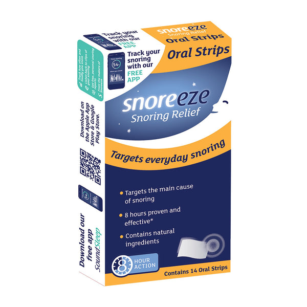 The image shows a box of Snoreeze Oral Strips (14) from Snoreeze, offering 8-hour proven effectiveness against everyday snoring for peaceful sleep. The package also includes access to a free app for tracking snoring patterns to enhance rest.