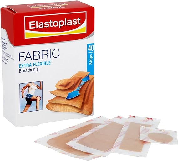 A box of Elastoplast Fabric (40 Plasters) is displayed with various bandages, emphasizing wound protection and flexibility with an exercising figure. A must-have for any first aid kit in emergencies.