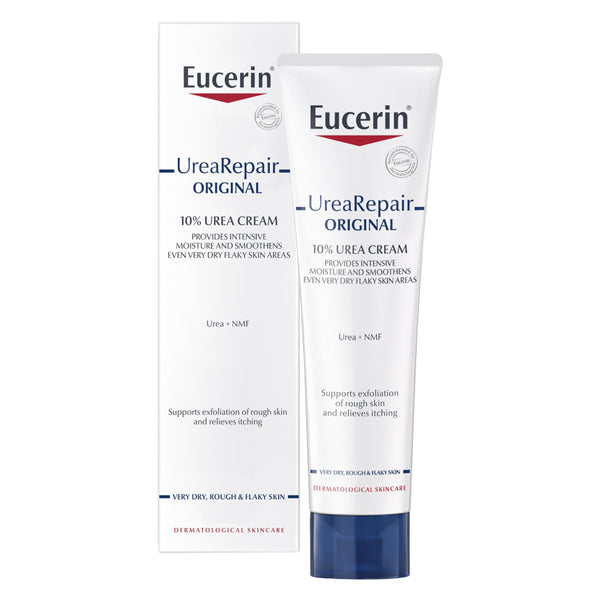 Eucerin Original 10% Urea Cream (100ml) comes in a tube and box, highlighting its intensive moisture for dry skin, smoothing care for very dry, rough areas, and dermatological skincare expertise.
