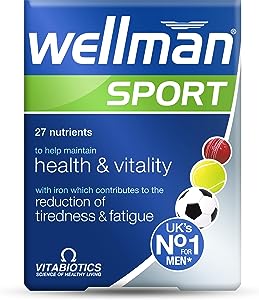 A box of Vitabiotics Wellman Sport Tablets (30 Tablets) for men, with health, vitality, and sports performance text, a blue-green design with sports balls, plus a badge reading UKs No.1 for Men by Vitabiotics.
