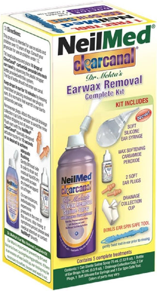 The image shows a NeilMed Clear Canal Earwax Removal Kit (75ml) box, which includes a sterile saline spray bottle, soft silicone tips, ear plugs, and a drainage collection cup to effectively soften and remove earwax.