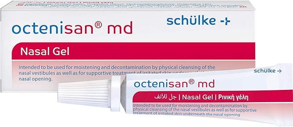 The image displays a tube and box labeled Octenisan Md Nasal Gel (6 ml) by Octenisan, intended for moistening and decontaminating nasal vestibules with octenidine. Instructions are available in multiple languages like English and Arabic for thorough skin protection.