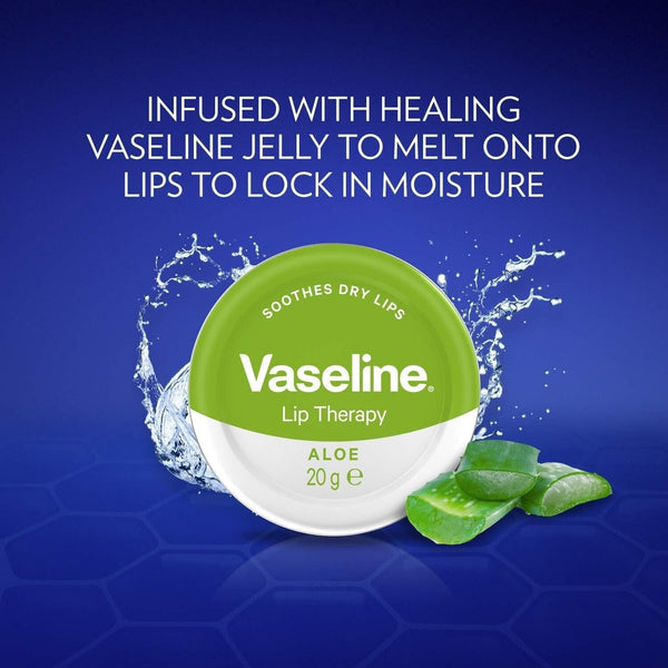 A 20g Vaseline Lip Therapy Aloe, ideal for dry lips, is featured with aloe leaves and water splashes. Text reads: Infused with healing Vaseline jelly to melt onto lips and lock in moisture, all set against a hexagonal background.