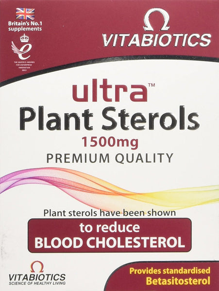 Front of a Vitabiotics Ultra Plant Sterols 1500mg (30 Tablets) box by Vitabiotics, featuring “PREMIUM QUALITY,” claims to help lower blood cholesterol—a key coronary heart disease risk factor. Box is mainly white with red and purple accents.