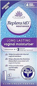 The Replens MD Vaginal Moisturiser (35g) offers dryness relief, lasts for 3 days per application, and features a hormone-free formula. Clinically tested and providing continuous moisture, it comes in a 4-week supply to alleviate discomfort effectively.