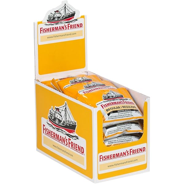 A yellow display box holds 24 packs of Fishermans Friend Aniseed Menthol Lozenges 25g, featuring a fishing boat illustration and the red-and-white Fishermans Friend logo, highlighting its trusted cough relief.