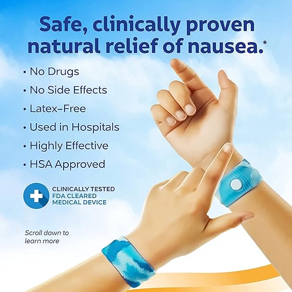 Two hands wear Sea-Band for Children Blue (1 Pair) by Sea-Band. Text highlights: drug-free, no side effects, latex-free, hospital used, HSA approved, and clinically tested for highly effective travel sickness relief.