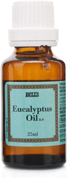 A Bells Eucalyptus Oil (25ml) bottle, featuring a brown glass and white cap, is set against a light blue background. This oil is celebrated for its use in aromatherapy and soothing respiratory issues.