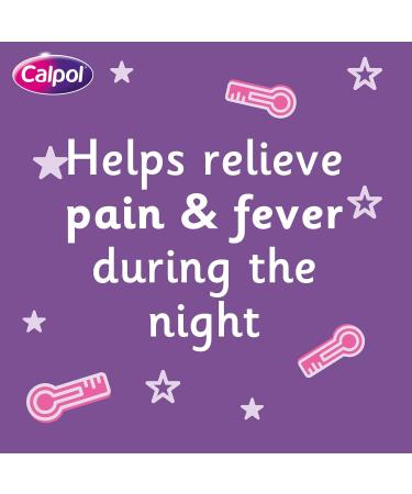 A purple background with the Calpol logo features the text, Calpol Infant Suspension Original (100ml) helps relieve pain & fever at night for children. Thermometers and stars adorn the design.
