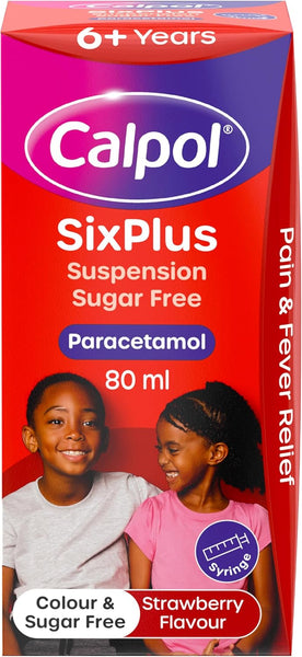The 80ml Calpol Six Plus Suspension Sugar Free, for children aged 6+, features two smiling kids and offers strawberry-flavored, sugar-free pain relief and fever reduction. The box highlights its color-free and sugar-free qualities.