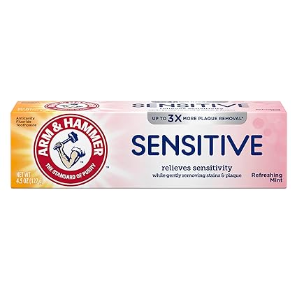 Box of Arm and Hammer Sensitive Toothpaste in Refreshing Mint uses baking soda for up to 3x more plaque removal and sensitivity relief. Offers gentle stain removal and cavity protection. Net weight is 125g (4.5 oz).