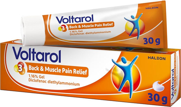 The 30g Voltarol 1.16% Joint Pain Relief Gel effectively alleviates discomfort with its anti-inflammatory formula, featuring diclofenac diethylammonium and a distinctive abstract figure on the vibrant orange packaging.