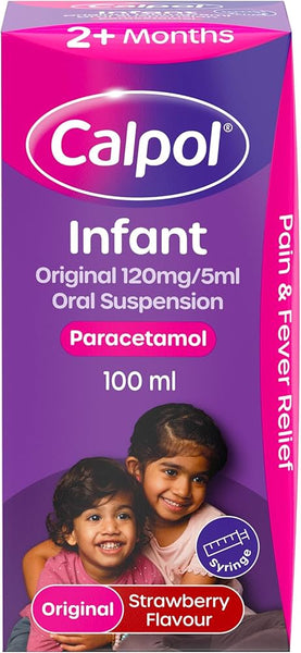 The Calpol Infant Suspension Original (100ml) for ages 2+ months contains 120mg/5ml of Paracetamol. It offers pain and fever relief with a strawberry flavor, featuring a purple and pink box with smiling children and a syringe icon, ensuring comfort for little ones.